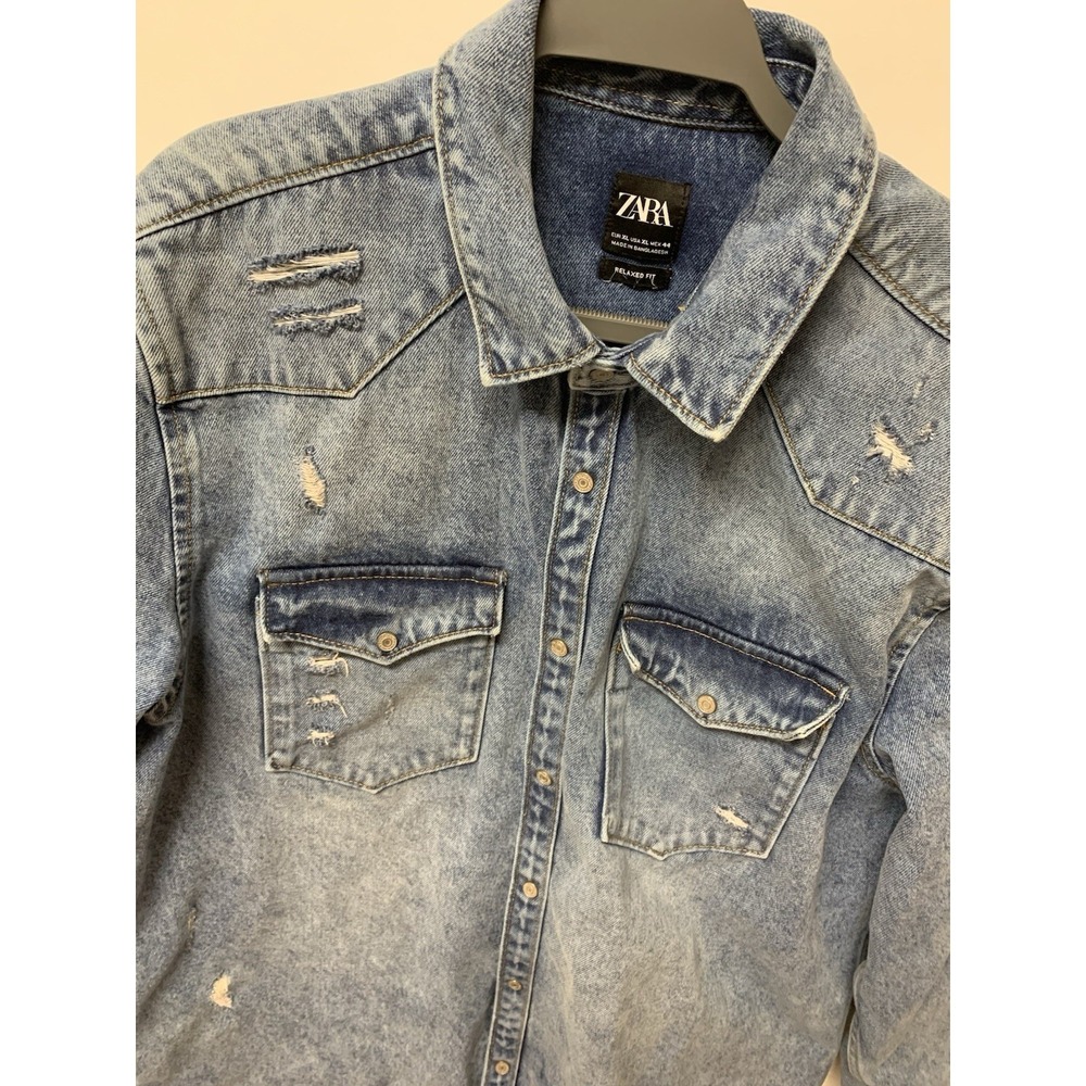 Zara Denim Shacket Mens XL Blue Metal Snap Shirt Jacket Distress Relaxed Fit - Picture 3 of 14